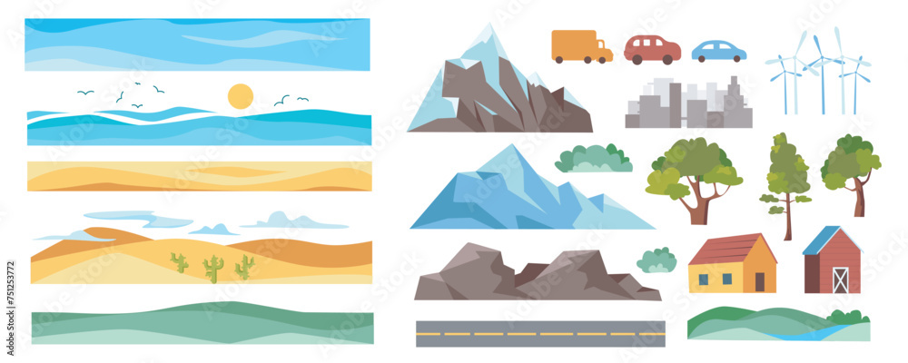 Landscape elements constructor mega set in flat graphic design. Creator kit with sea water, desert, hills, ice mountains, cars, river, forest trees, barns, wind turbines, other. Vector illustration.