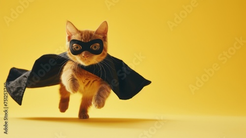 Superhero red kitten with a black cloak and mask jumping and flying on light blue background with copy space. The concept of a super leader, animal hero.