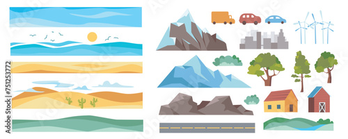 Landscape elements constructor mega set in flat graphic design. Creator kit with sea water, desert, hills, ice mountains, cars, river, forest trees, barns, wind turbines, other. Vector illustration.