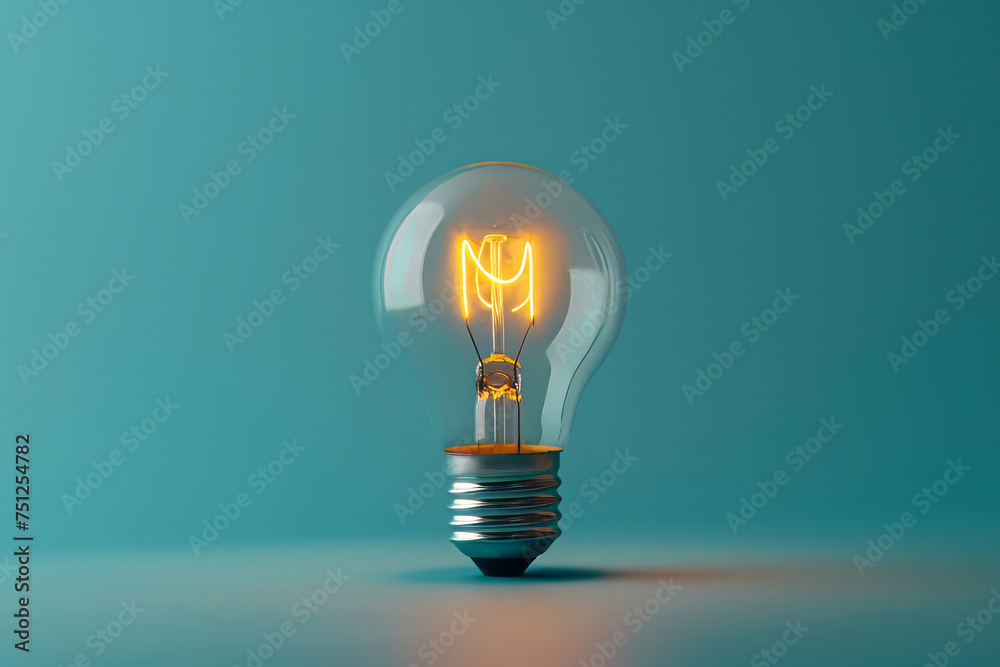 Glowing slightly orange light bulb isolated on a blue empty background with space for text or inscriptions
Glowing slightly orange light bulb isolated on a blue empty background with space for text or inscriptions