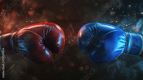 Red and blue boxing gloves on a dark background. © B.Panudda