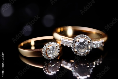 Wedding rings on a black background. Wedding rings with diamonds. Jewelry diamond ring on black stone background with copy space.