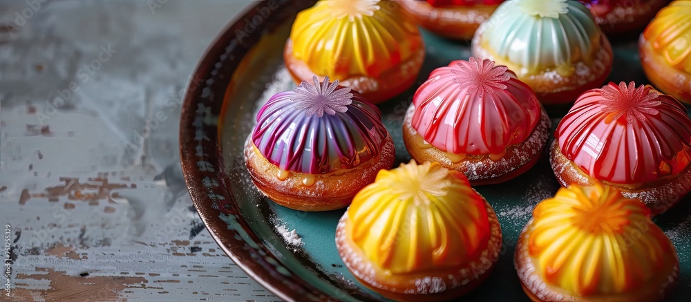 A plate is filled with a variety of tempting yeast pastries adorned with colorful eggs, placed on a table.