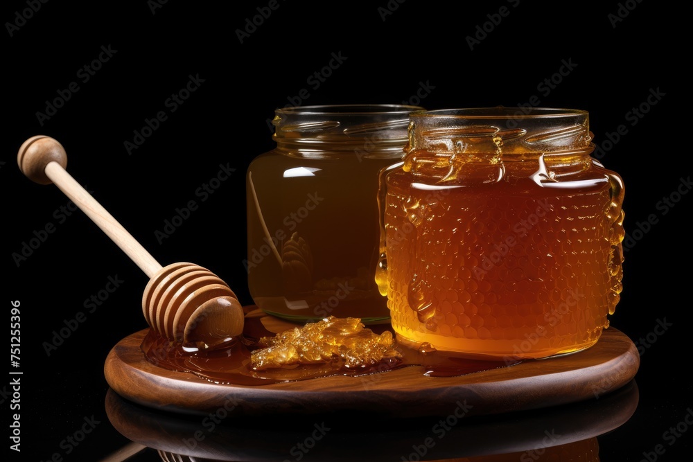 Jar of honey with honeycombs on a black backdrop, Honey on black background Illustration, Ai generated Jar of honey with honeycombs on a black backdrop, Honey on black background Illustration, Ai generated