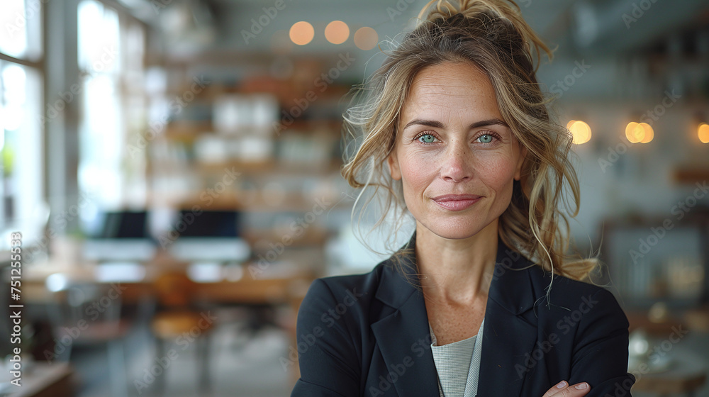 Portrait photo of a successful woman of European appearance against the background of a modern office Portrait photo of a successful woman of European appearance against the background of a modern office