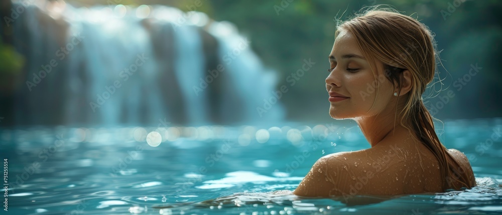 A serene girl enjoys the gentle splashes of the waterfall in a spa resort's swimming pool