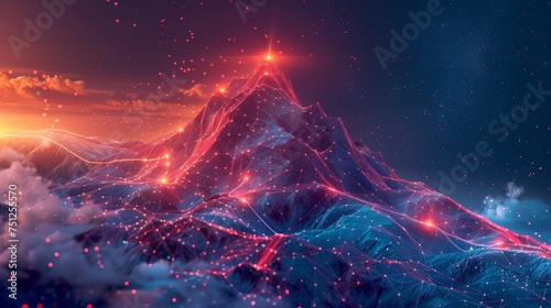 Vector illustration of a flag on top of a mountain with lines, triangles, and particles. View of mountain climbing route to a peak. Business journey path towards success vector concept.
