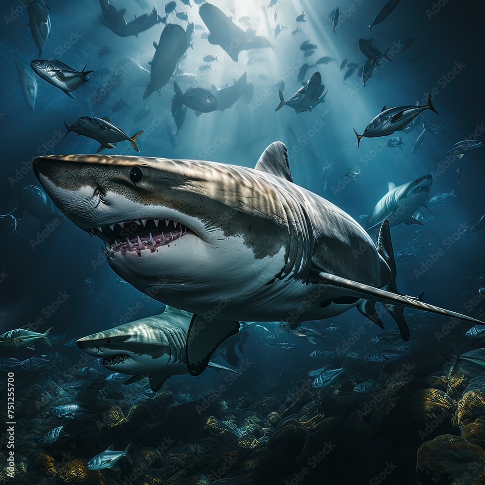 Naklejka premium A Glimpse into the World of Sharks under water, Generative ai.