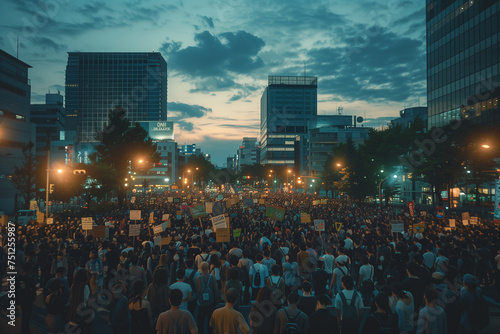 A city square filled with protesters advocating for peace and diplomacy. A bustling cityscape at dusk with crowds gathered under glowing skyscrapers