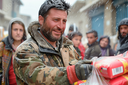 A humanitarian aid worker distributing supplies in a conflict-ridden area. A soldier in military camouflage jacket holds bag of food photo