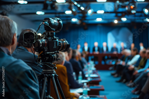 A press conference with government officials addressing the latest security threat. A cameraman is filming a crowd with a video camera at an event in a room