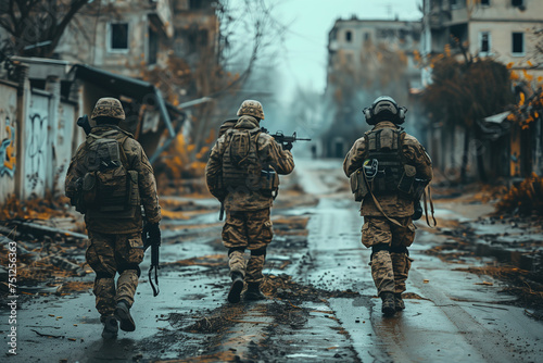 Soldiers patrolling a tense urban area with weapons at destroyed city. A squad of three military personnel in camouflage uniforms are walking down a muddy street, passing by buildings and windows 