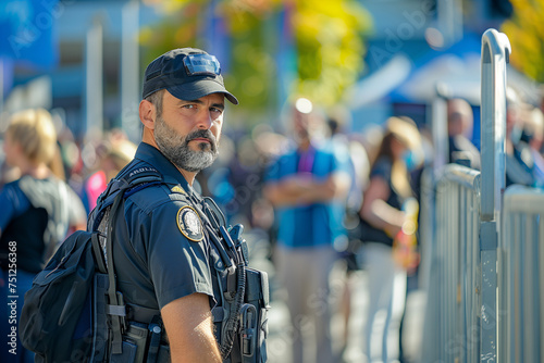 Security personnel scanning crowds for potential threats at a major event. A cop in a baseball cap facing an electric blue crowd at a competition event photo