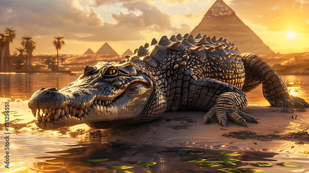 desert guardian: a lone crocodile amidst ancient pyramids - obrazy, fototapety, plakaty 