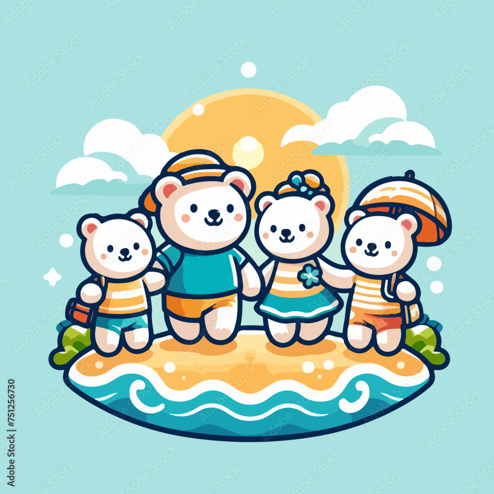 Happy cute bear family in vacation, style cartoon- vacation,summer holiday, travel concept Happy cute bear family in vacation, style cartoon- vacation,summer holiday, travel concept