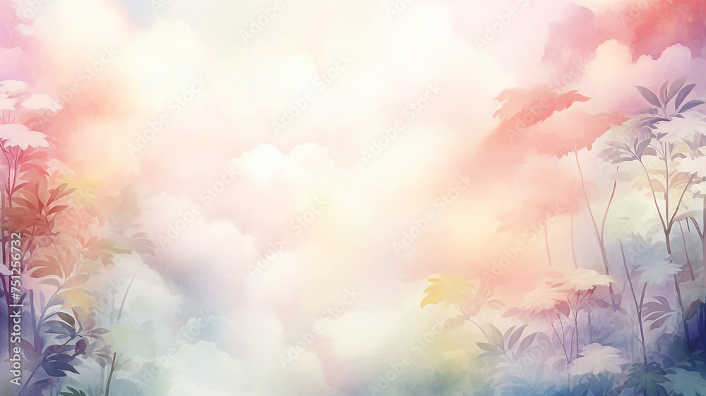 Obraz premium Multicolored clouds on the background of a thicket of deciduous forest, a background postcard in watercolor style