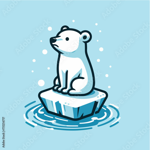 White little polar bear alone on ice floe - global warming concept