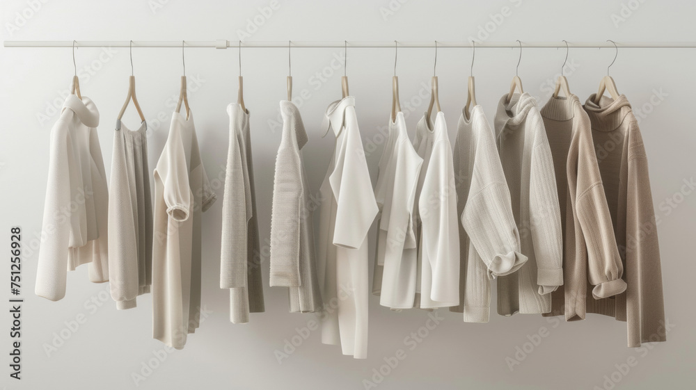 Monochromatic clothing arranged neatly on a minimalist wardrobe rack.