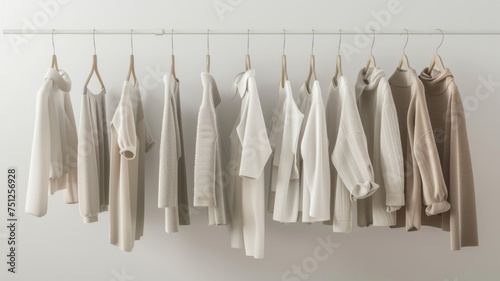 Monochromatic clothing arranged neatly on a minimalist wardrobe rack. © VK Studio