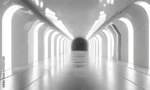 White background 3D room light abstract space technology tunnel stage floor. Empty white future 3D neon background studio futuristic corridor render modern interior silver road black wall design gray