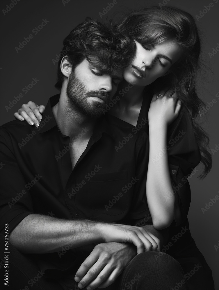 Young couple embracing with closed eyes in monochrome portrait Young couple embracing with closed eyes in monochrome portrait
