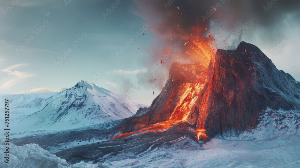 An erupting volcano amid a snowy landscape, a dramatic fusion of fire and ice.