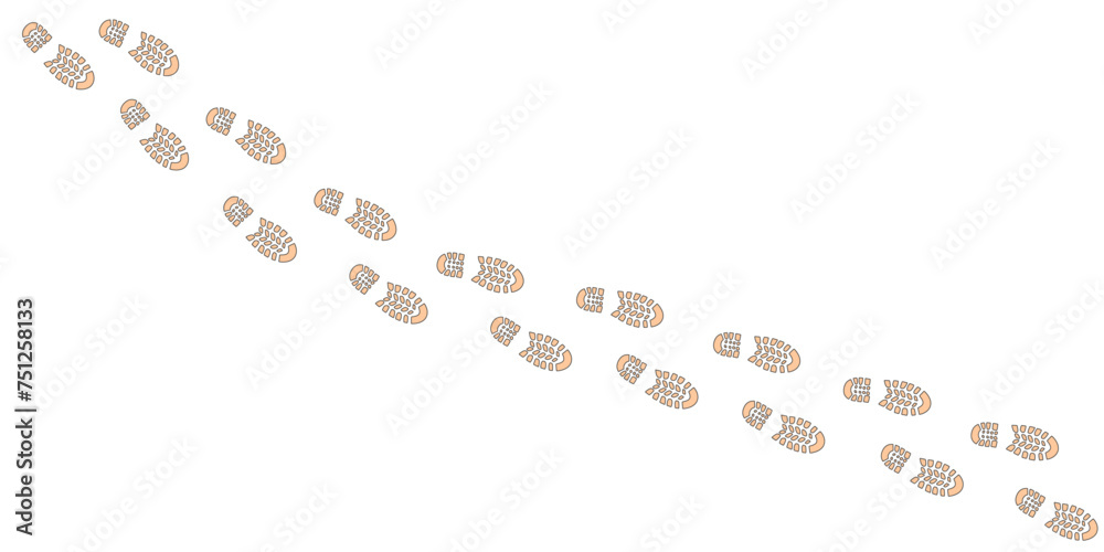 Human step footprints paths. Step by step vector isolated on white background. Trace of foot prints of person in boots. Track from shoe sole prints. Road of human feet. Human step footprints paths. Step by step vector isolated on white background. Trace of foot prints of person in boots. Track from shoe sole prints. Road of human feet.