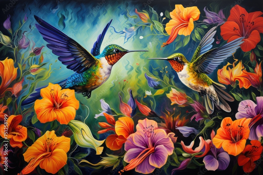A pair of hummingbirds feeding on honey from a flower , Hummingbirds hovering over brightly colored flowers. Ai generated