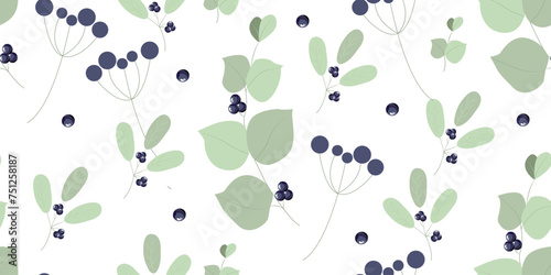 Seamless vector pattern with eucalyptus branches and berries on a white background. Country chic style. Botanical illustration of herbs.