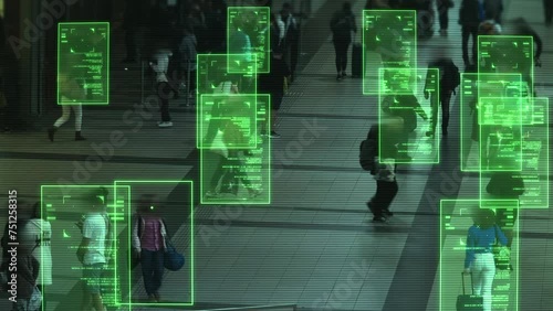Surveillance camera with artificial intelligence recognizes and identifies people in public place. Street CCTV identifies human faces. Personality recognition software concept. Facial Identification.