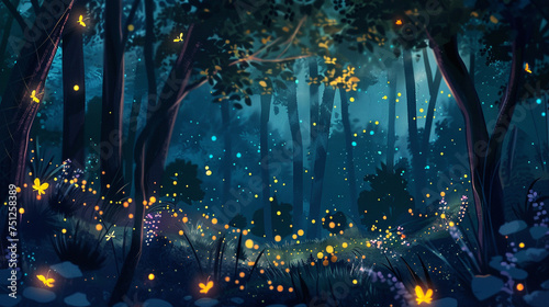 A magical forest illuminated by the soft glow of fireflies dancing among the trees.