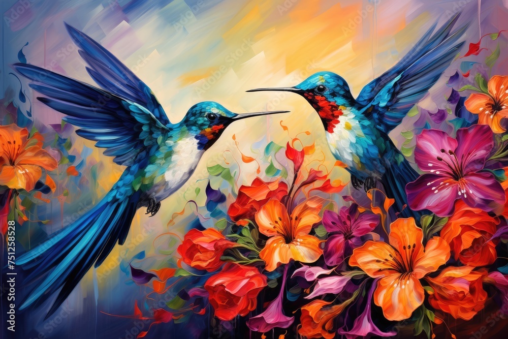 Hummingbirds hovering over brightly colored flowers, Small bird perching on branch vibrant, Ai generated - obrazy, fototapety, plakaty 