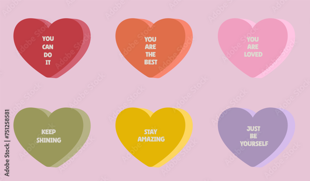 Set of colorful hearts with positive quotes. Geometric shapes with text. Love symbols. Motivation and self love concept. Vector graphic
