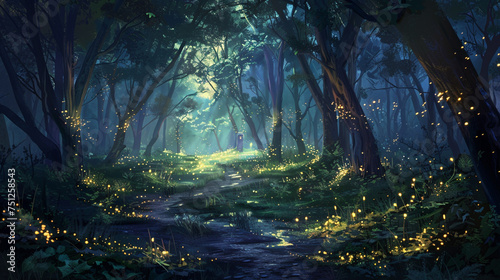 A magical forest illuminated by the soft glow of fireflies dancing among the trees. photo