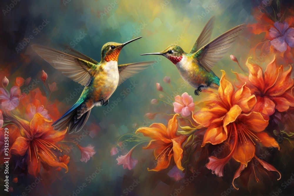 Hummingbirds hovering over brightly colored flowers, Hummingbird vibrant colors flying in nature spread wings, Ai generated - obrazy, fototapety, plakaty 
