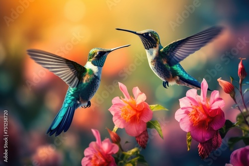Hummingbirds hovering over brightly colored flowers, Hummingbird vibrant colors flying in nature spread wings, Ai generated