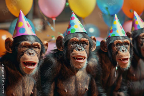 Cinematic photo of 5 funny and laughing male chimpanzees wearing birthday hats celebrating a birthday party. the chimpanzees all look into the camera background color balloons and birthday decorations photo
