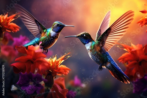 Hummingbirds hovering over brightly colored flowers, Hummingbird vibrant colors flying in nature spread wings, Ai generated