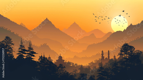 A majestic mountain range silhouetted against the golden hues of a sunset  a perfect backdrop for Eid ul Azha greetings.