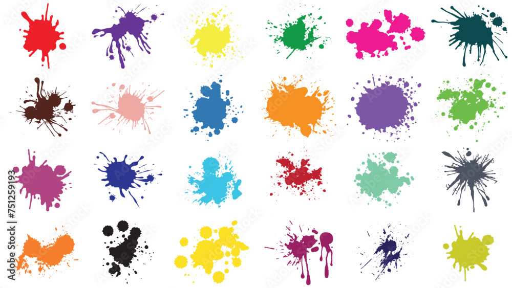 Color paint splatter. Spray paint blot element. Colorful ink stains mess.Colorful paint splatters. Watercolor spots in raw and paint splashes collection,Illustration drop splatter paint.