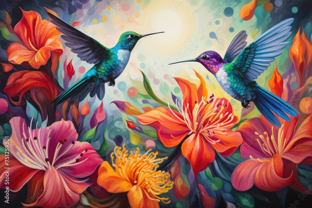 Hummingbirds hovering over brightly colored flowers, Hummingbirds in pairs and a pink flower Ai Generated Hummingbirds hovering over brightly colored flowers, Hummingbirds in pairs and a pink flower Ai Generated