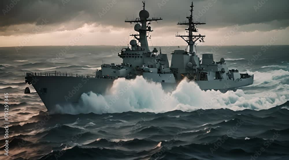 Abstract animation of a modern warship sailing on the waves, strong wind, light storm, cloudy, gray, sea foam, military equipment. Metal, steel, guns, technological weapons. Generative by AI Abstract animation of a modern warship sailing on the waves, strong wind, light storm, cloudy, gray, sea foam, military equipment. Metal, steel, guns, technological weapons. Generative by AI