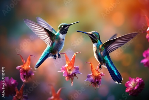 Hummingbirds hovering over brightly colored flowers, Hummingbirds in pairs and a pink flower Ai Generated © Tanu