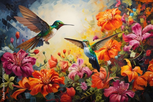 Hummingbirds hovering over brightly colored flowers  Hummingbirds in pairs and a pink flower Ai Generated