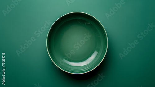 A green plate sits on a green background. an empty plate, darker green color, top view, minimal style, on a green studio background.