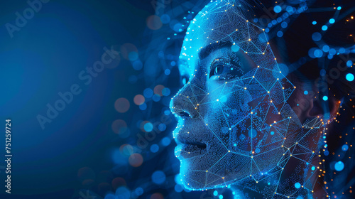 Ethereal Woman's Face Network.
Luminescent network lines create a woman's profile on a dark blue backdrop.