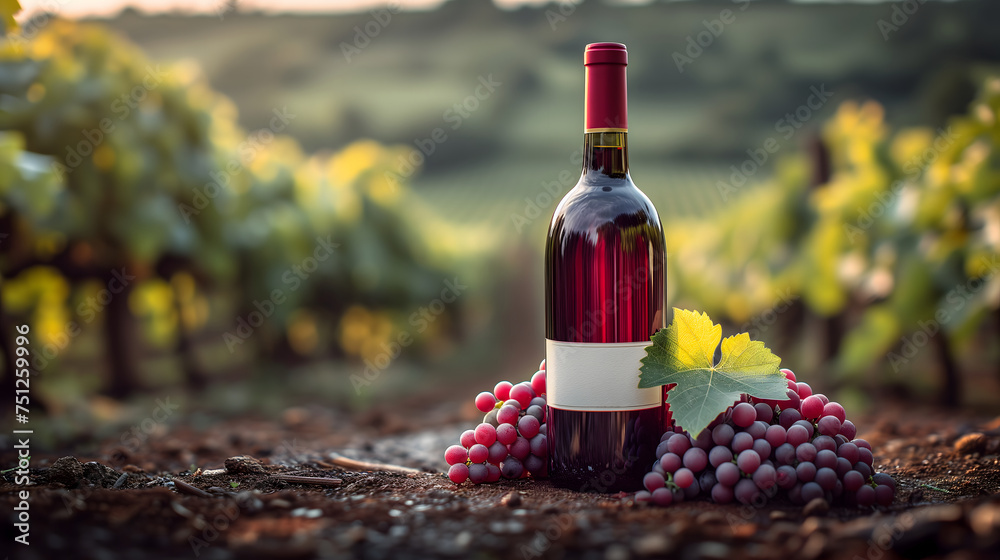 A red wine bottle in front of a landscape of grape farmland. Neural network generated image. Not based on any actual scene or pattern.