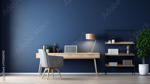 Modern Workstation with Wooden Desk, Grey Chair and Shelves in a Sophisticated Blue Office