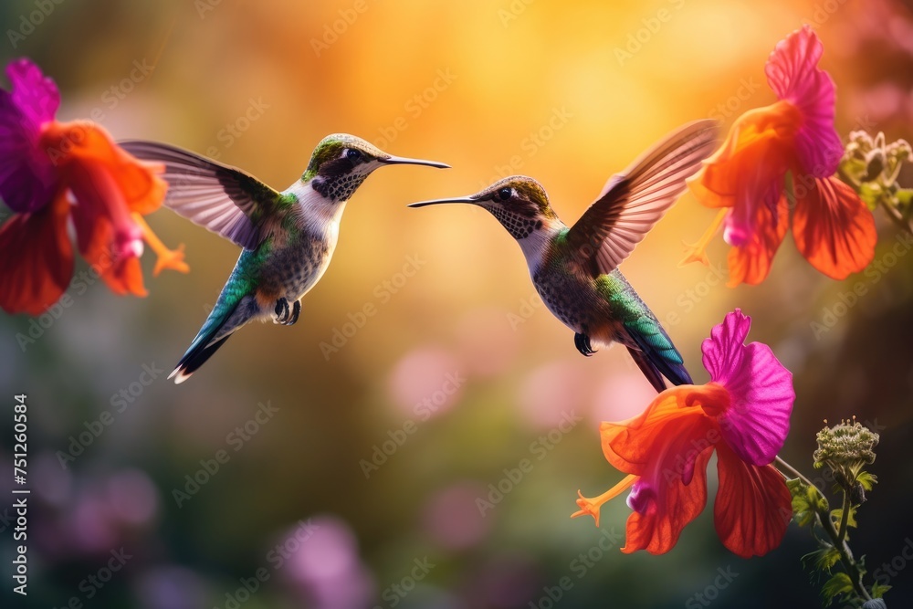 Fototapeta premium Hummingbirds hovering over brightly colored flowers, A painting of two birds with blue and green feathers , Ai generated
