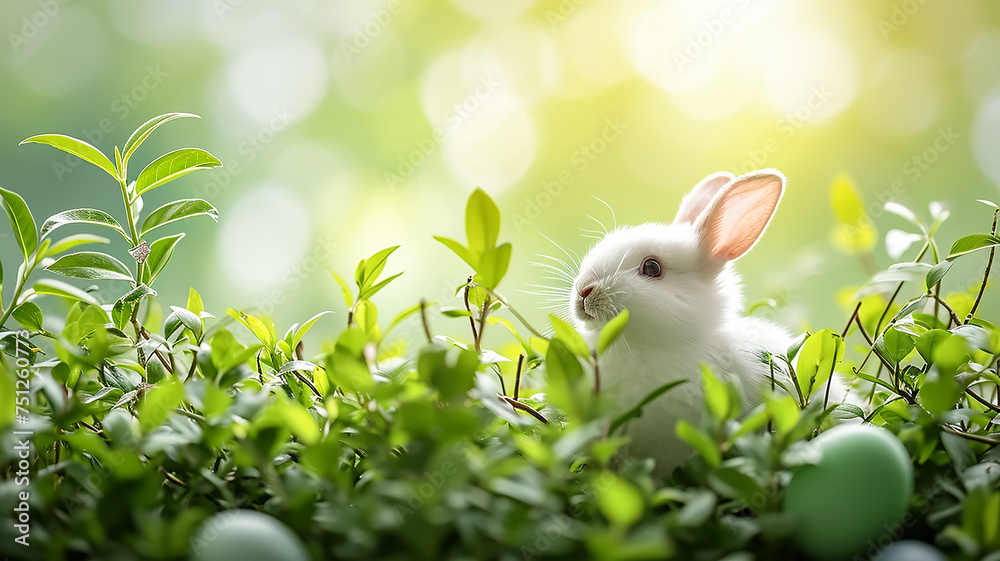 Fototapeta premium Cute white rabbit sitting in green grass with colorful eggs, Easter greeting card background